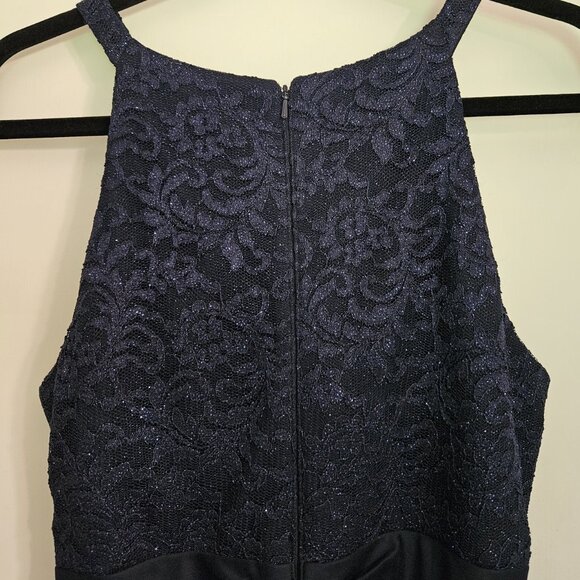 Navy Women's Long Maxi Halter Dress Sheer Matte Jersey With Lace Gown Size 12 - Picture 4 of 9
